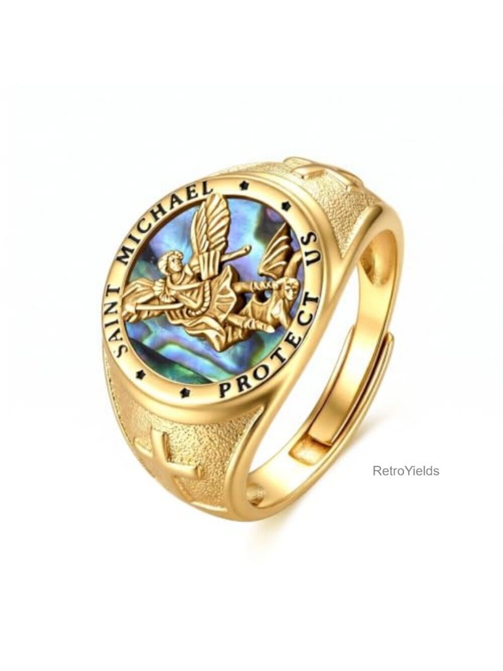 Saint Michael Signet Ring Gold-Toned Metal Abalone Shell Men's Religious Jewelry